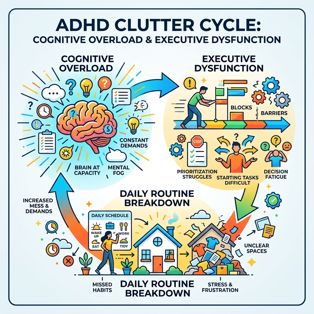 ADHD clutter cycle showing cognitive overload, executive dysfunction, and daily routine breakdown - adhd declutter daily ADHD clutter cycle showing cognitive overload, executive dysfunction, and daily routine breakdown - adhd declutter daily