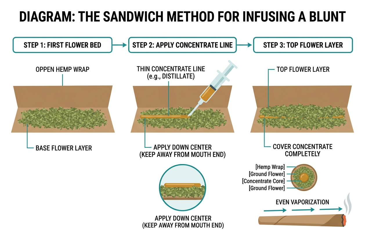 Diagram showing the step-by-step sandwich method for infusing a blunt Diagram showing the step-by-step sandwich method for infusing a blunt