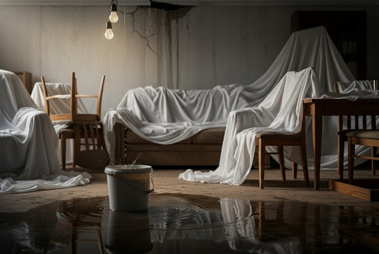 bucket placed under a ceiling drip with furniture covered in plastic - Damp spot on ceiling bucket placed under a ceiling drip with furniture covered in plastic - Damp spot on ceiling