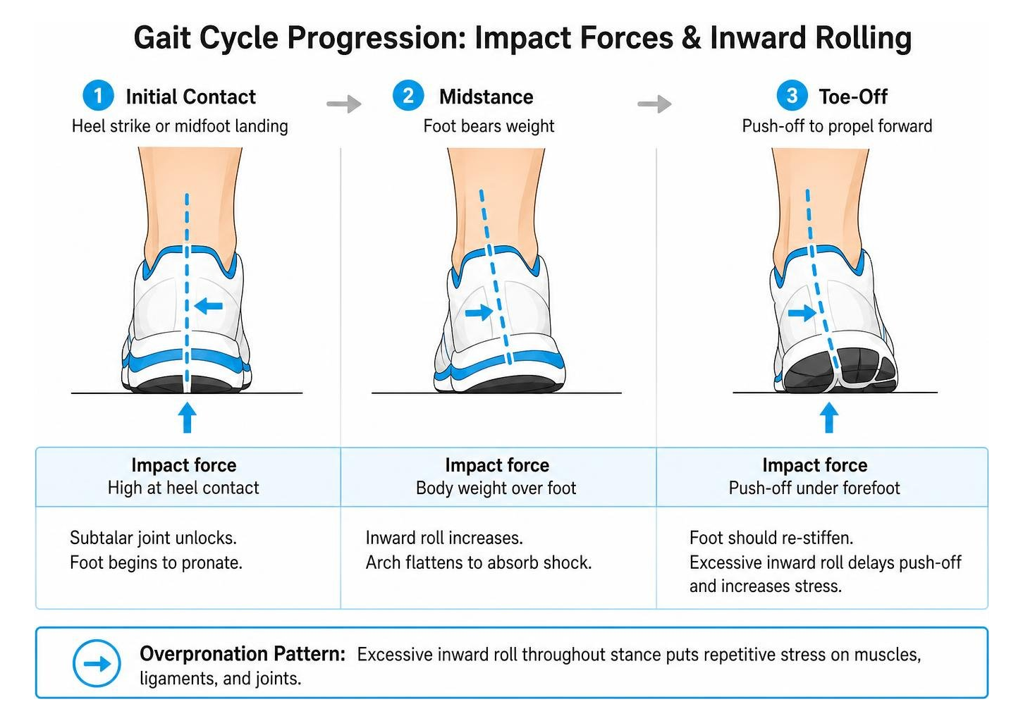 gait cycle progression showing impact forces and inward rolling gait cycle progression showing impact forces and inward rolling