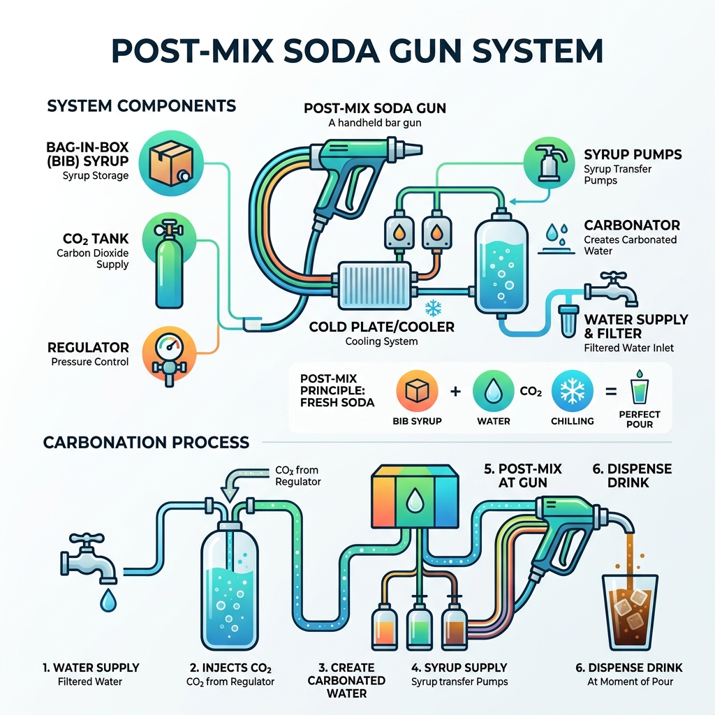 Infographic showing post-mix soda gun system components and carbonation process - soda gun system infographic 