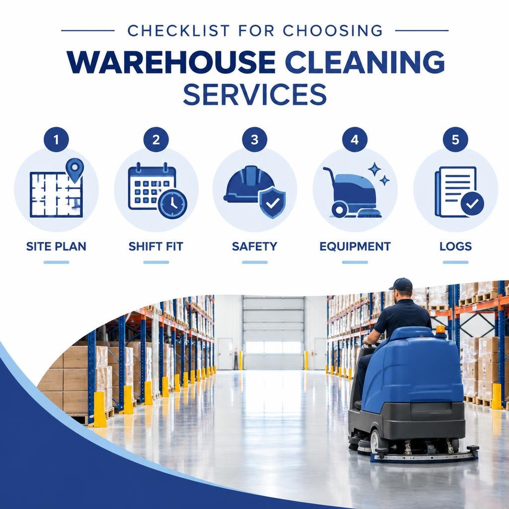 Checklist for choosing warehouse cleaning services: site plan, shift fit, safety, equipment, and logs infographic Checklist for choosing warehouse cleaning services: site plan, shift fit, safety, equipment, and logs infographic