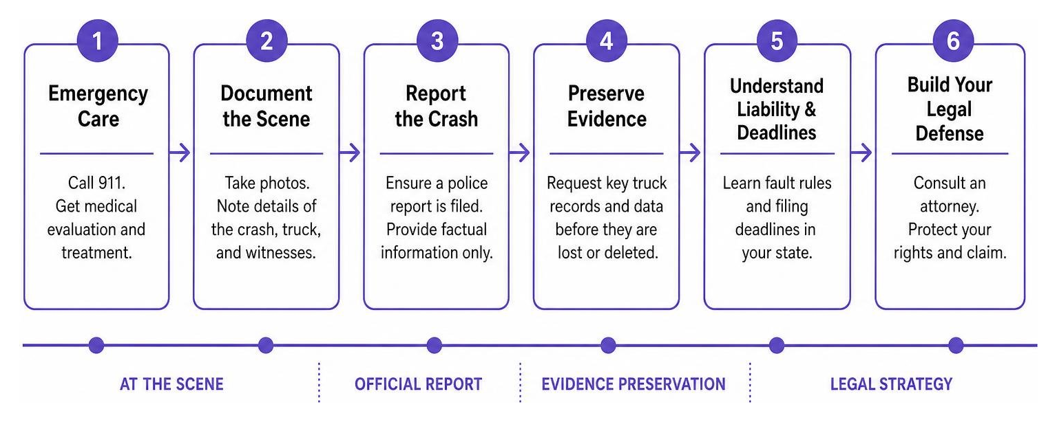 Sequence of actions from crash scene emergency care to evidence preservation and legal defense