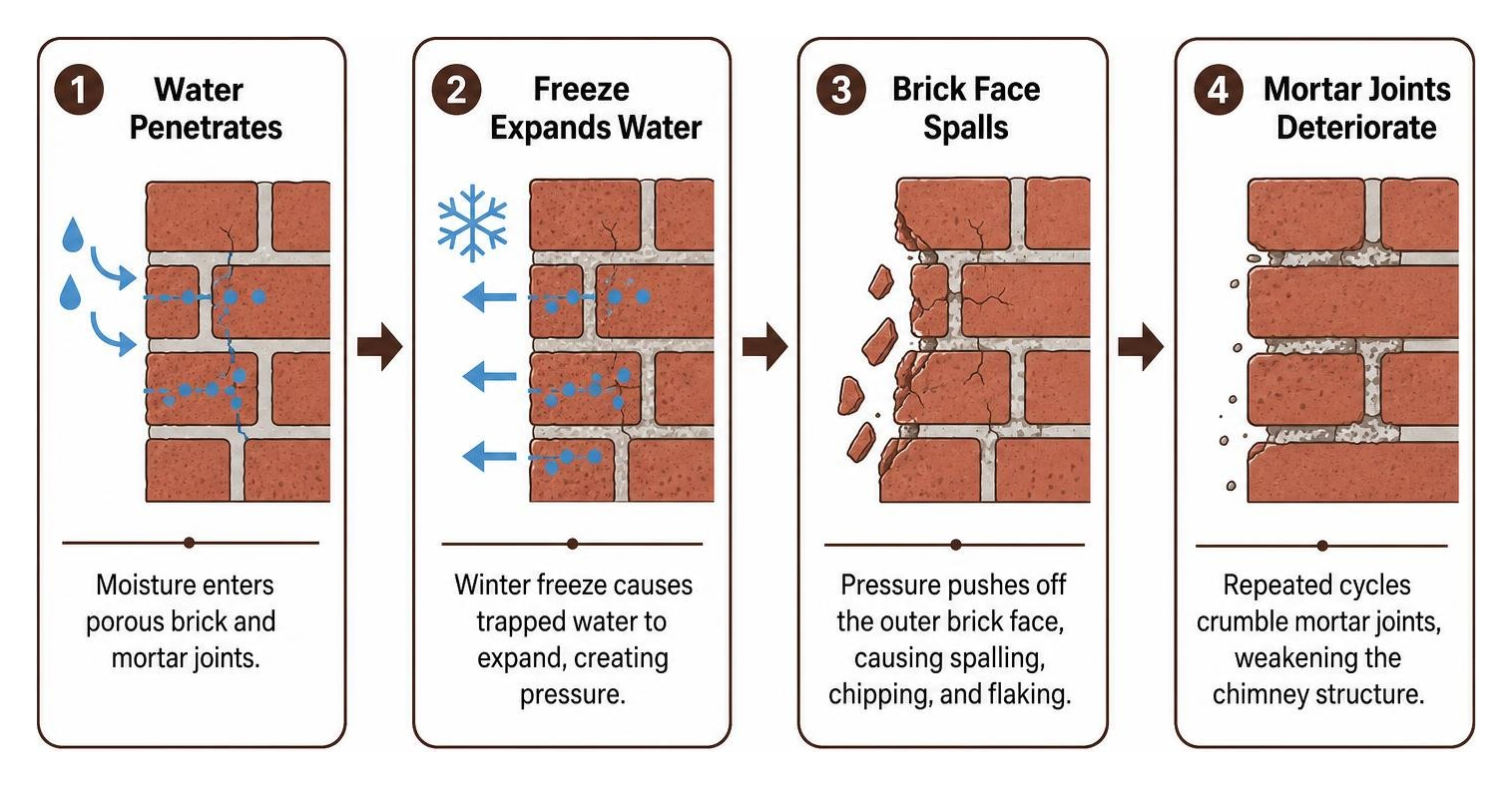 Freeze-thaw cycle causing brick spalling and mortar deterioration Freeze-thaw cycle causing brick spalling and mortar deterioration