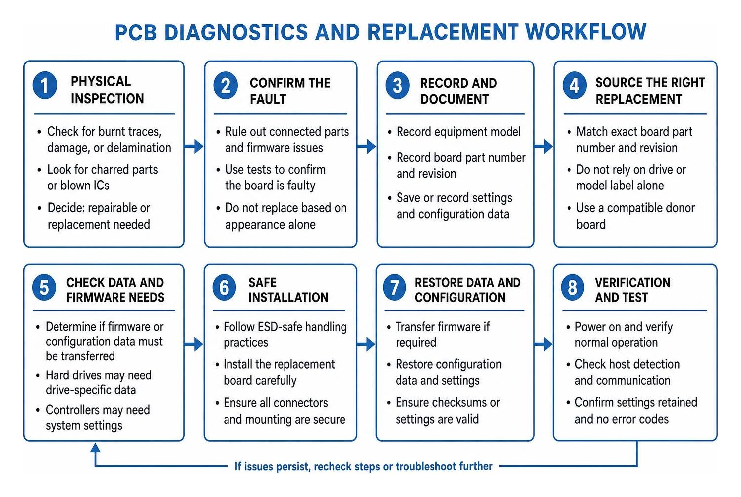 PCB diagnostics and replacement workflow from physical inspection to verification