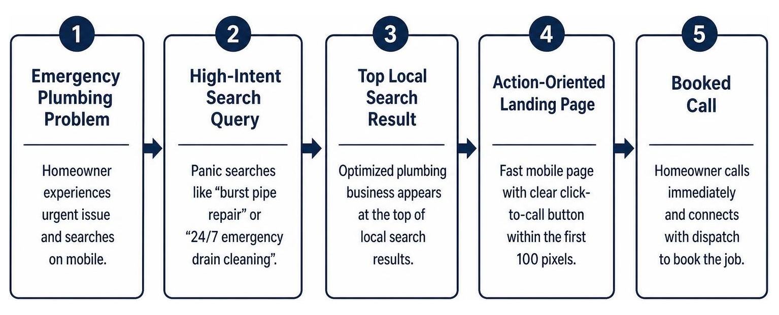Search intent routing from emergency plumbing problem to booked call Search intent routing from emergency plumbing problem to booked call