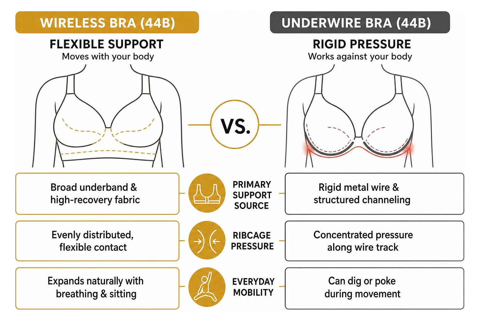 Comparison of wireless flexibility versus rigid underwire pressure