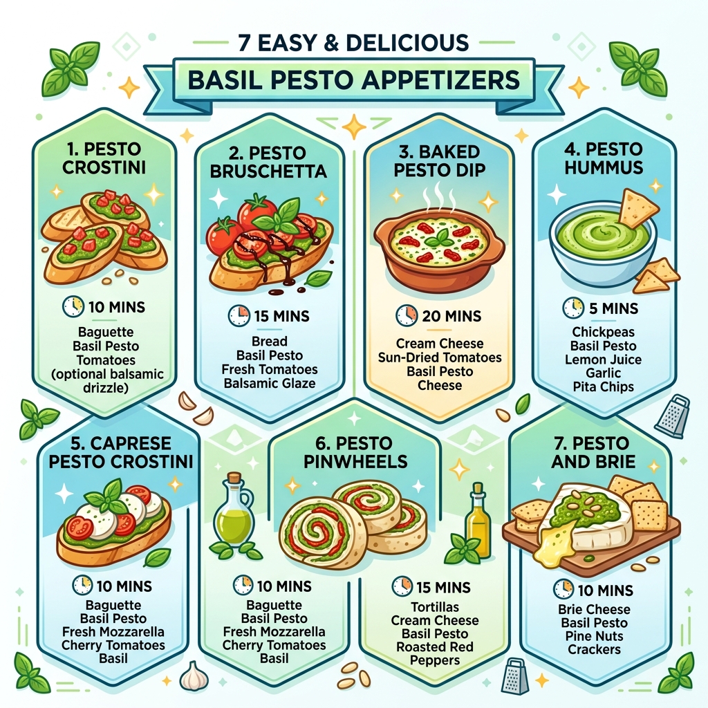 Infographic showing 7 basil pesto appetizer types with prep times and key ingredients - basil pesto appetizer recipes Infographic showing 7 basil pesto appetizer types with prep times and key ingredients - basil pesto appetizer recipes