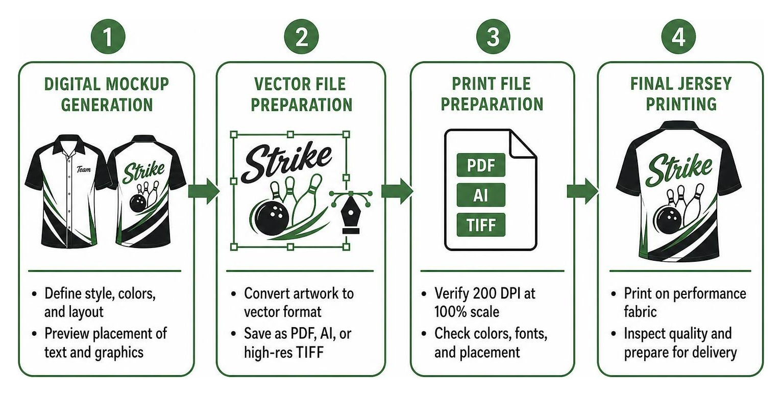 Design workflow from digital mockup generation to vector file preparation and final jersey printing Design workflow from digital mockup generation to vector file preparation and final jersey printing