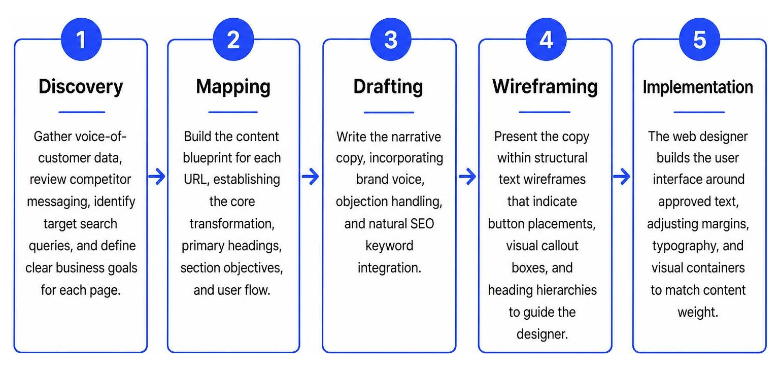 Step-by-step process diagram: Discovery, Mapping, Drafting, Wireframing, Implementation Step-By-Step Process Diagram: Discovery, Mapping, Drafting, Wireframing, Implementation
