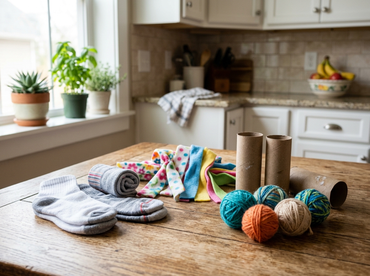 Common household items used to make kitten toys including socks, cardboard, and yarn - easy homemade kitten toys Common household items used to make kitten toys including socks, cardboard, and yarn - easy homemade kitten toys