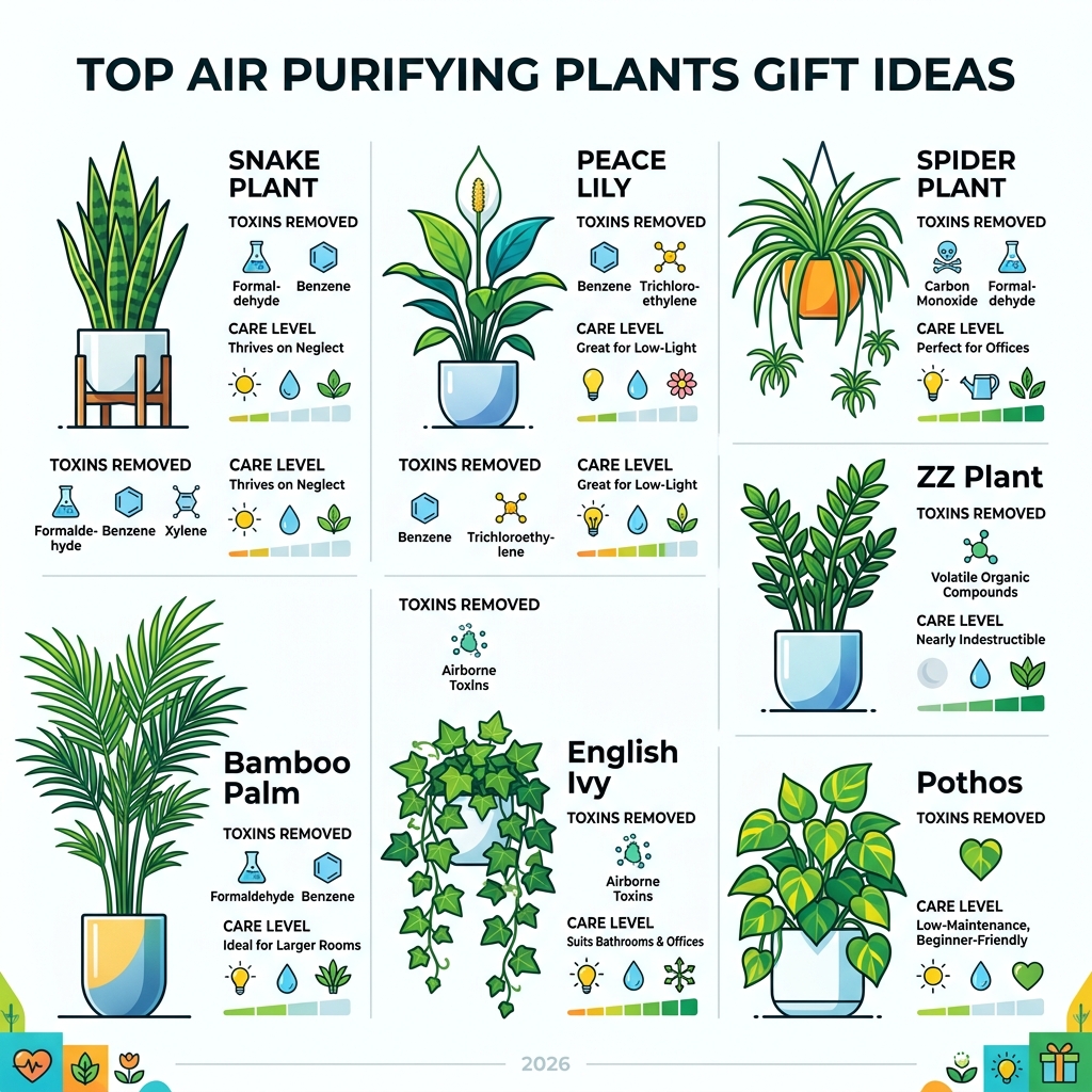 Top air purifying plants gift ideas with toxins removed and care level for each plant - air purifying plants gift ideas