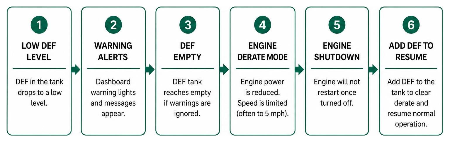 Diagram showing the cause-and-effect chain of low DEF levels leading to engine derating and shutdown Diagram showing the cause-and-effect chain of low DEF levels leading to engine derating and shutdown