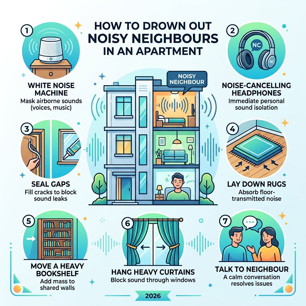 Quick overview infographic of top methods to drown out noisy neighbours in an apartment - how to drown out noisy neighbours Quick overview infographic of top methods to drown out noisy neighbours in an apartment - how to drown out noisy neighbours