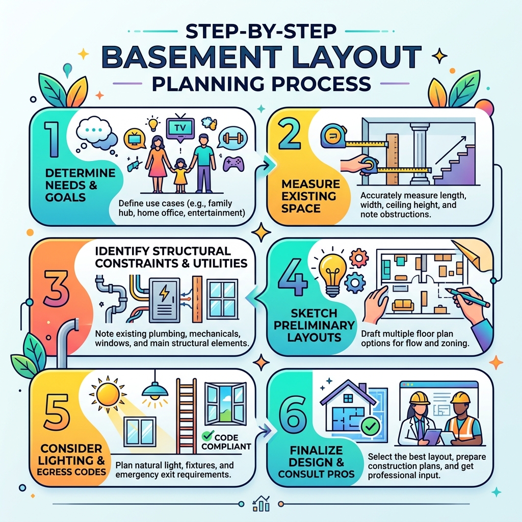 Step-by-step basement layout planning process infographic - basement renovation layout ideas infographic Step-by-step basement layout planning process infographic - basement renovation layout ideas infographic