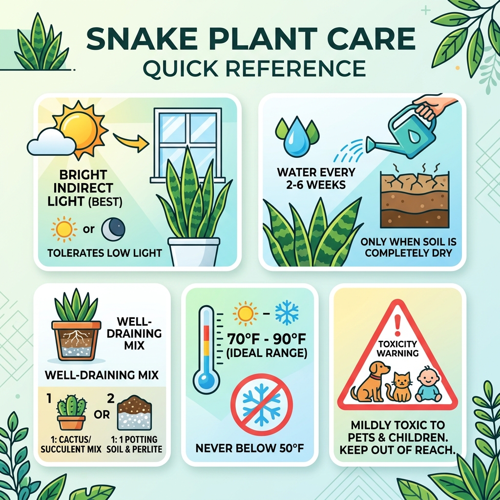Snake plant care instructions quick reference infographic with light, water, soil, temperature, and toxicity tips - snake Snake plant care instructions quick reference infographic with light, water, soil, temperature, and toxicity tips - snake