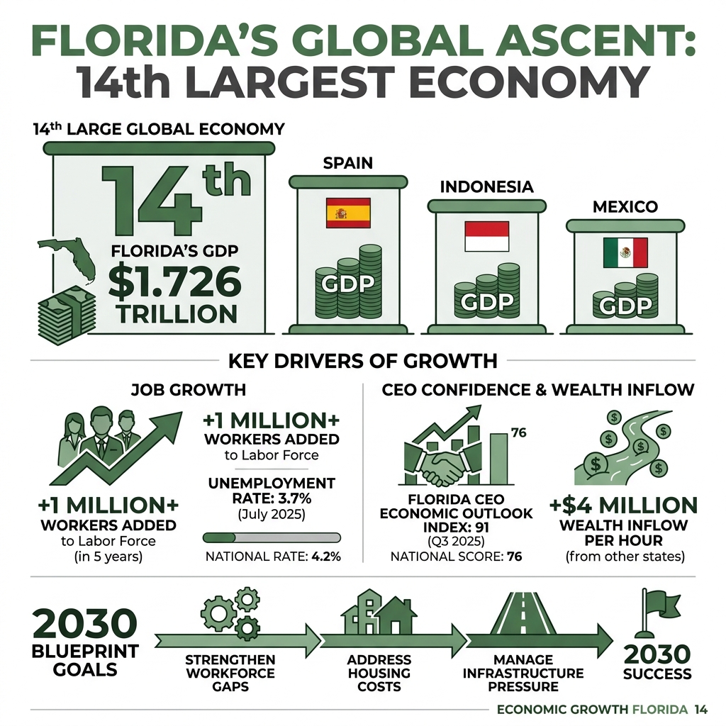 Florida rises to 14th largest global economy infographic with GDP, job growth, and 2030 Blueprint goals - Economic growth