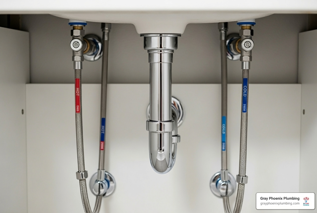 Underside of a sink with plumbing connections - bathroom faucet installation Underside of a sink with plumbing connections - bathroom faucet installation