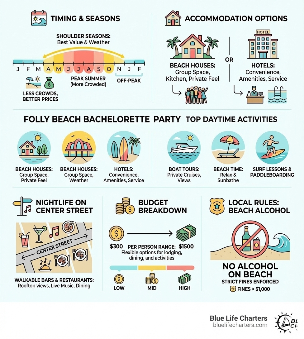 infographic showing the essential elements of planning a folly beach bachelorette party including timing considerations with shoulder seasons highlighted, accommodation options comparing beach houses versus hotels, top daytime activities like boat tours and beach time, nightlife spots on center street, budgeting breakdown from $300-1500 per person, and local rules about beach alcohol restrictions - folly beach bachelorette party infographic infographic showing the essential elements of planning a folly beach bachelorette party including timing considerations with shoulder seasons highlighted, accommodation options comparing beach houses versus hotels, top daytime activities like boat tours and beach time, nightlife spots on center street, budgeting breakdown from $300-1500 per person, and local rules about beach alcohol restrictions - folly beach bachelorette party infographic