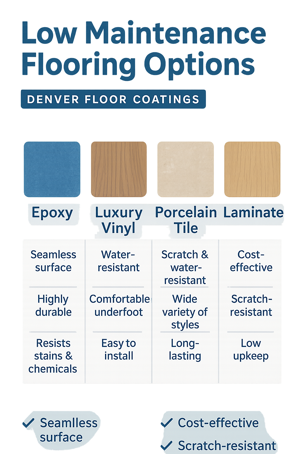 comparison of different low maintenance flooring types showing epoxy, luxury vinyl, porcelain tile and laminate with their key features - Low maintenance flooring options infographic comparison of different low maintenance flooring types showing epoxy, luxury vinyl, porcelain tile and laminate with their key features - Low maintenance flooring options infographic