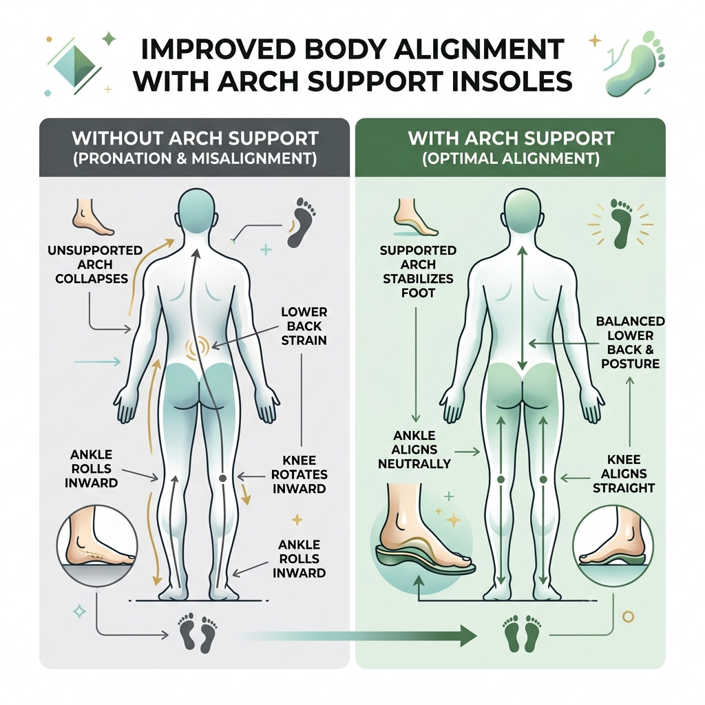 Infographic showing how arch support insoles align the foot, ankle, knee, and lower back - arch support shoes insoles Infographic showing how arch support insoles align the foot, ankle, knee, and lower back - arch support shoes insoles