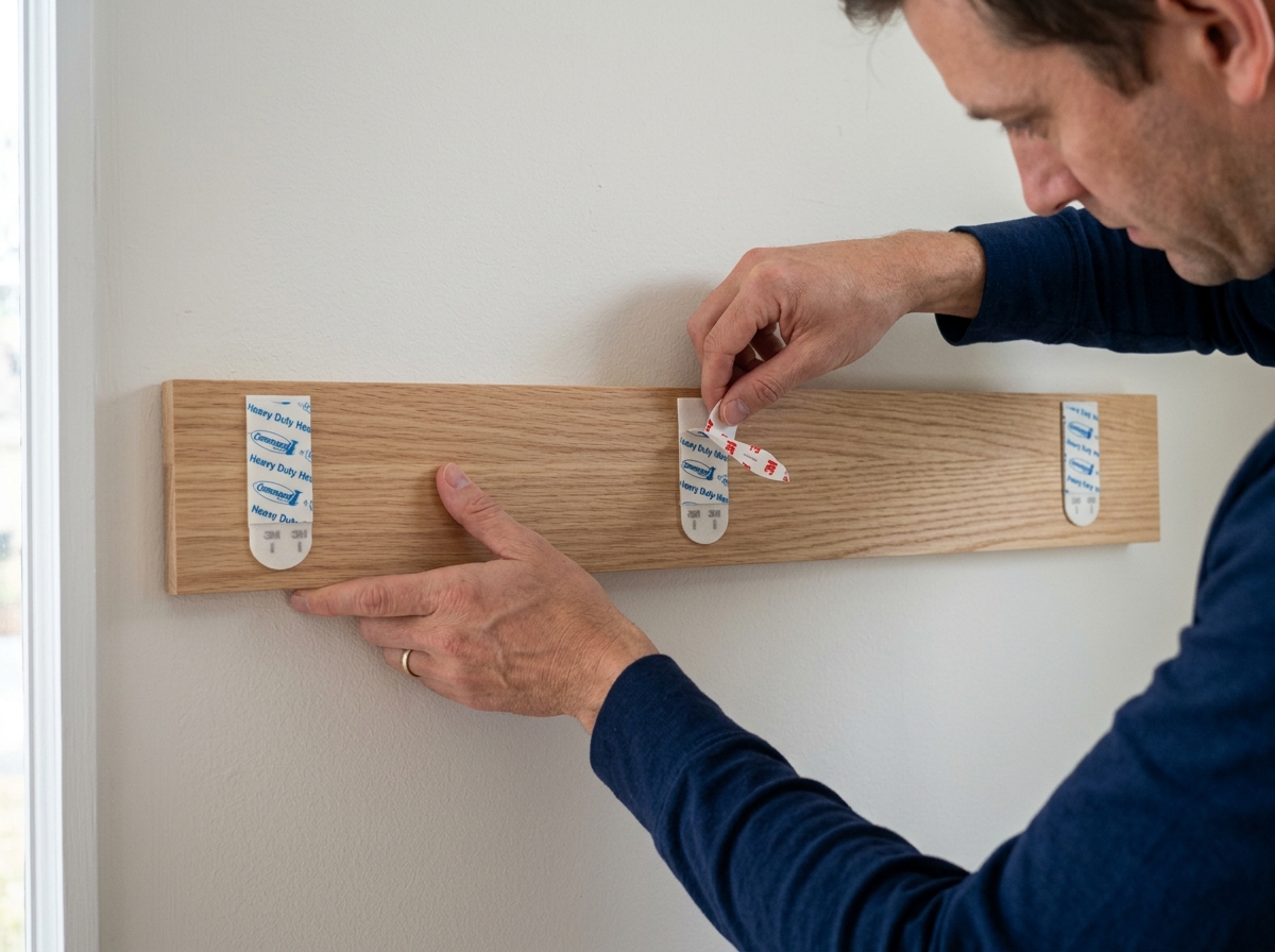 Person applying heavy-duty adhesive strips to the back of a lightweight wooden shelf - hanging shelves without putting holes
