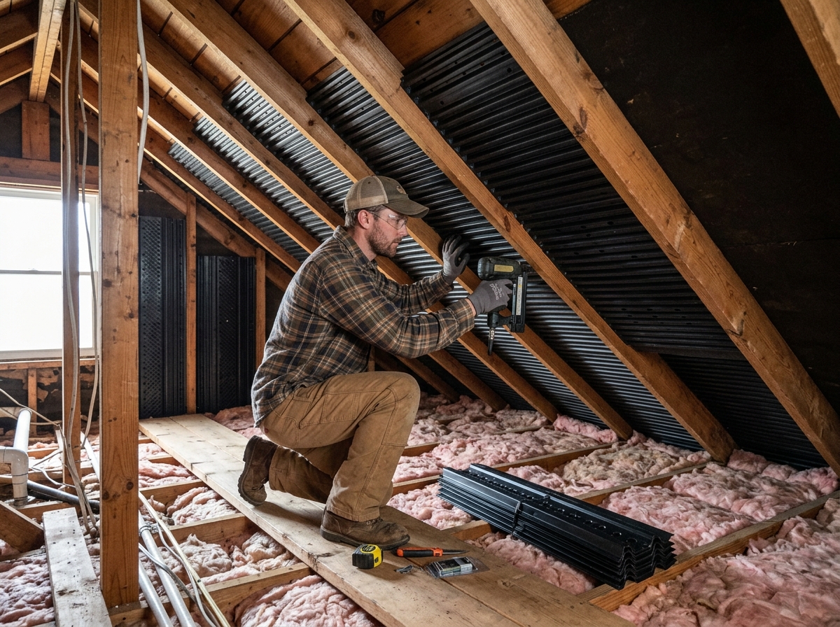 Contractor installing attic baffles between rafters to maintain airflow from soffits - insulation venting roof space