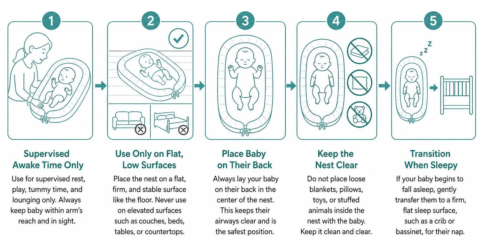 Safe baby nest usage steps diagram Safe baby nest usage steps diagram