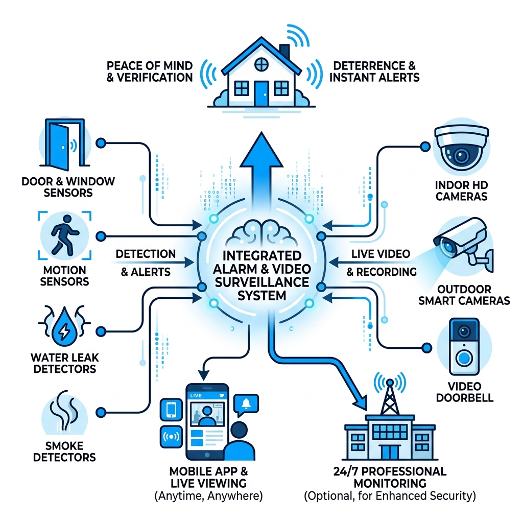 Infographic showing how sensors, cameras, and monitoring hubs connect in an integrated alarm and video surveillance system Infographic showing how sensors, cameras, and monitoring hubs connect in an integrated alarm and video surveillance system