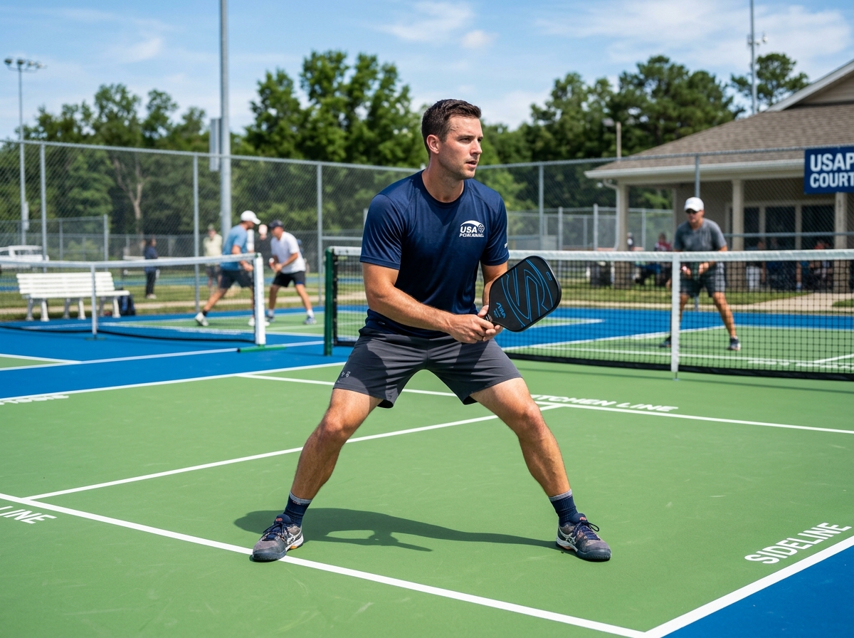 A pickleball player in a wide, athletic stance ready for a shot - easy pickleball consistency tips