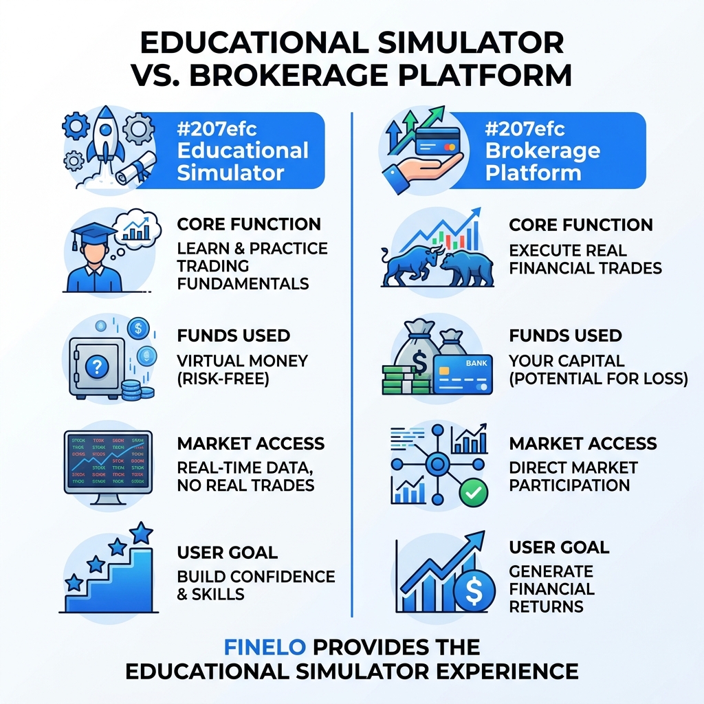 Educational simulator vs. brokerage platform comparison infographic for Finelo - is finelo a scam infographic 