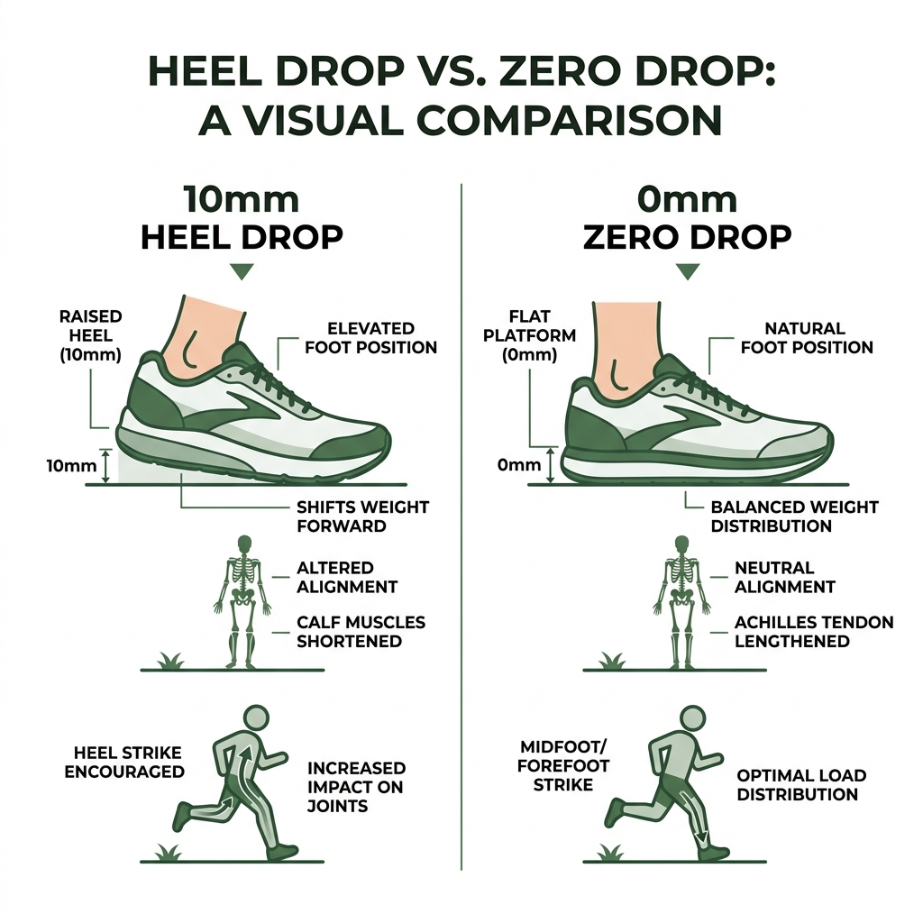 Infographic comparing 10mm heel drop vs 0mm zero drop shoe platform and foot position - zero drop running shoes infographic Infographic comparing 10mm heel drop vs 0mm zero drop shoe platform and foot position - zero drop running shoes infographic