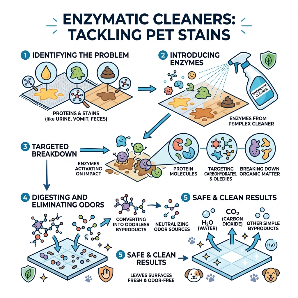Infographic showing how enzymatic cleaners break down pet stains into odorless byproducts - pet safe stain remover