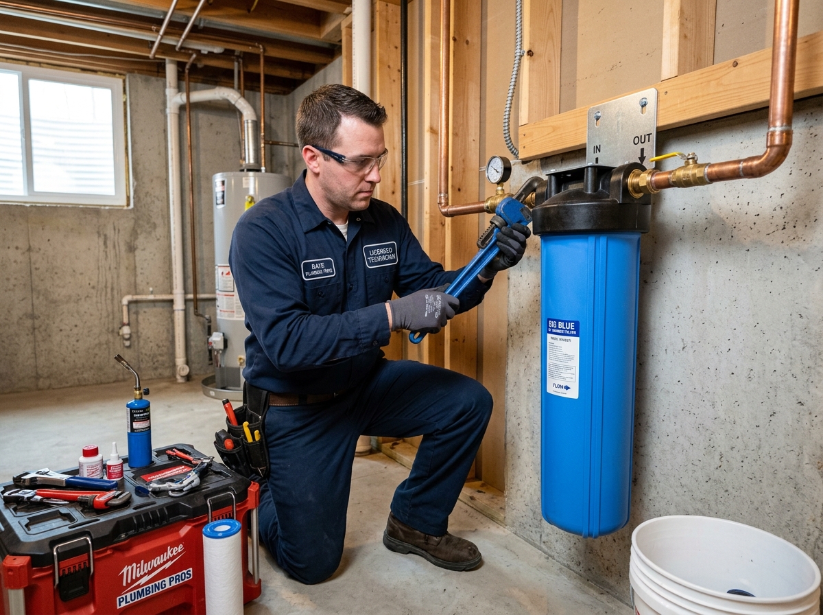 A licensed technician installing a 20-inch Big Blue filter housing on a main water line - 20 sediment filter