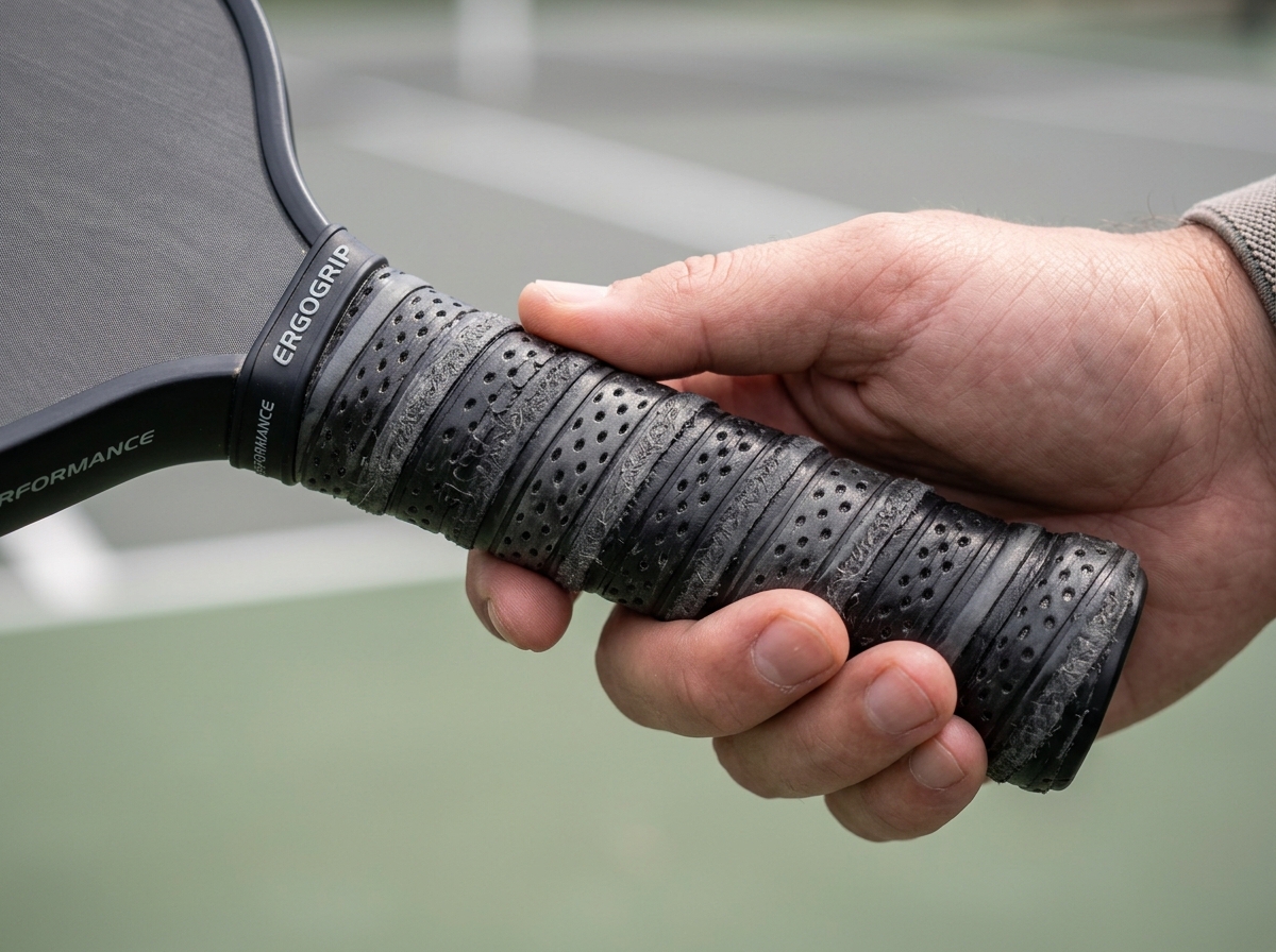 close up of a specialized ergonomic handle texture showing anti-slip ridges - easy grip pickleball paddle