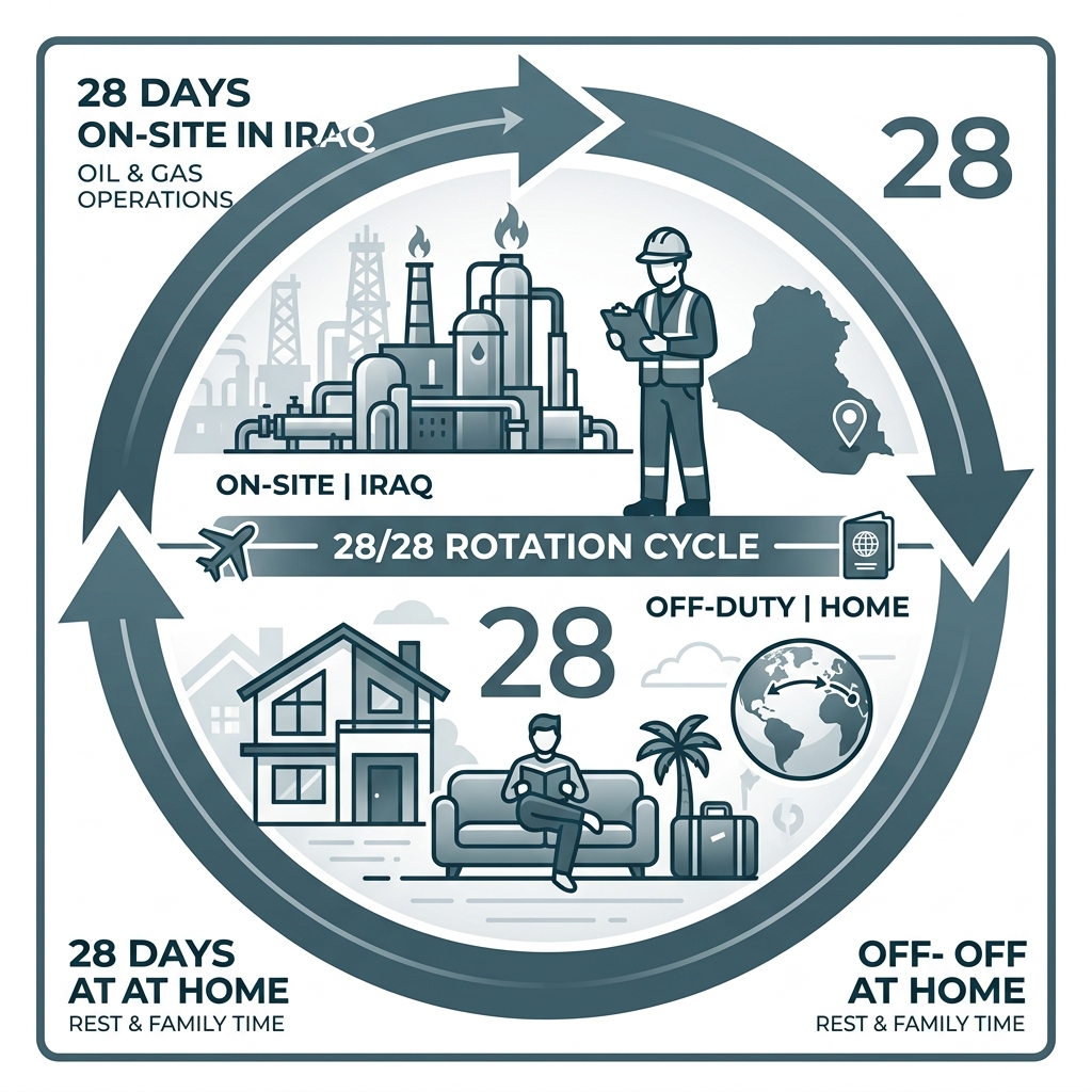 Infographic showing the 28/28 rotation cycle: 28 days working on-site in Iraq, 28 days off at home - 28/28 rotation jobs in