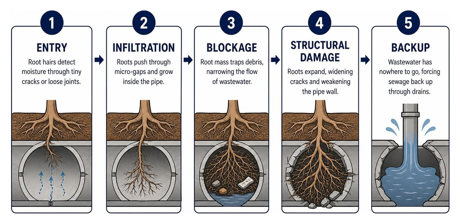 infographic showing the 5-stage cycle of tree root intrusion damage in aging Albuquerque sewer lines infographic showing the 5-stage cycle of tree root intrusion damage in aging Albuquerque sewer lines