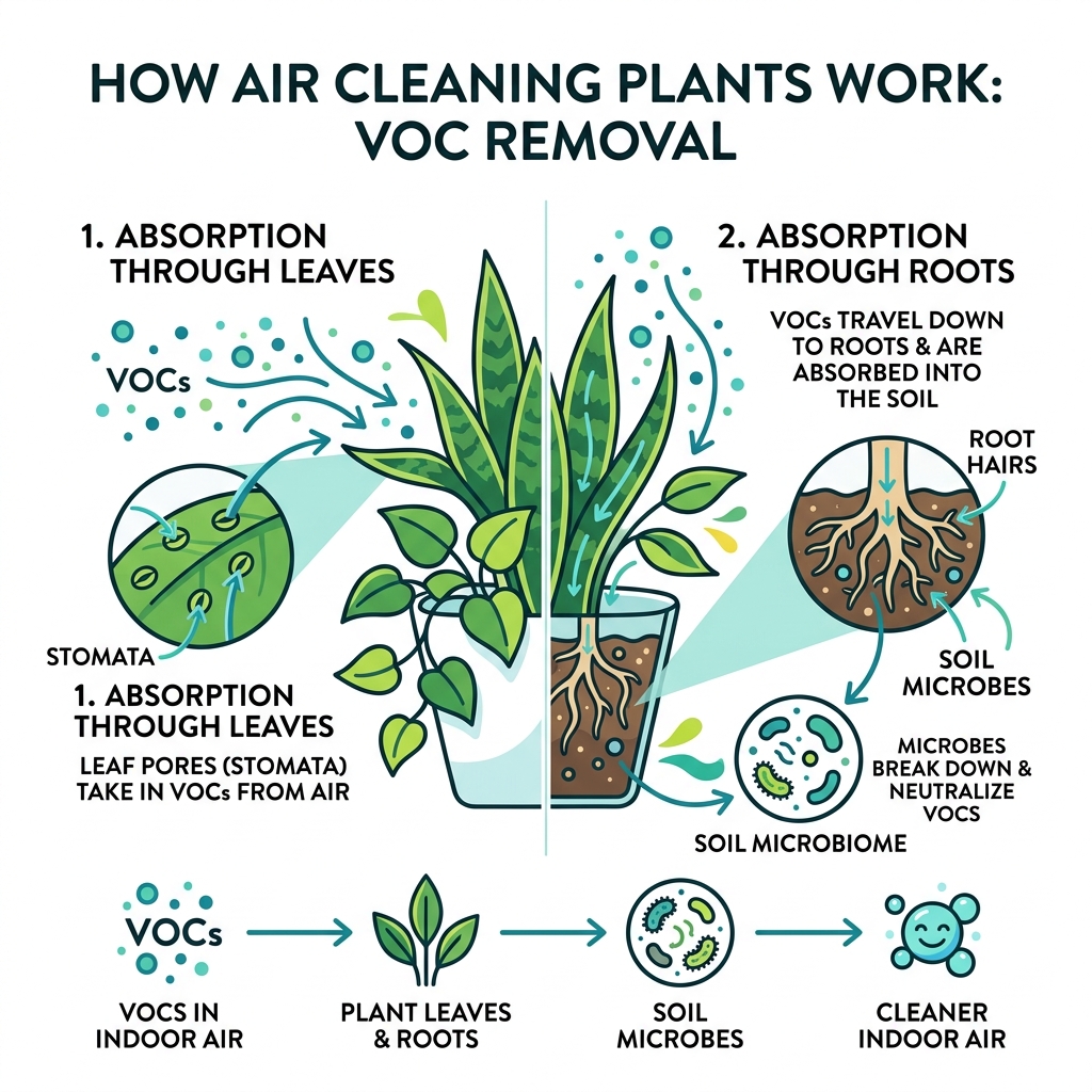 Infographic showing how air cleaning plants absorb VOCs through leaves and roots into soil microbes - easy care air cleaning