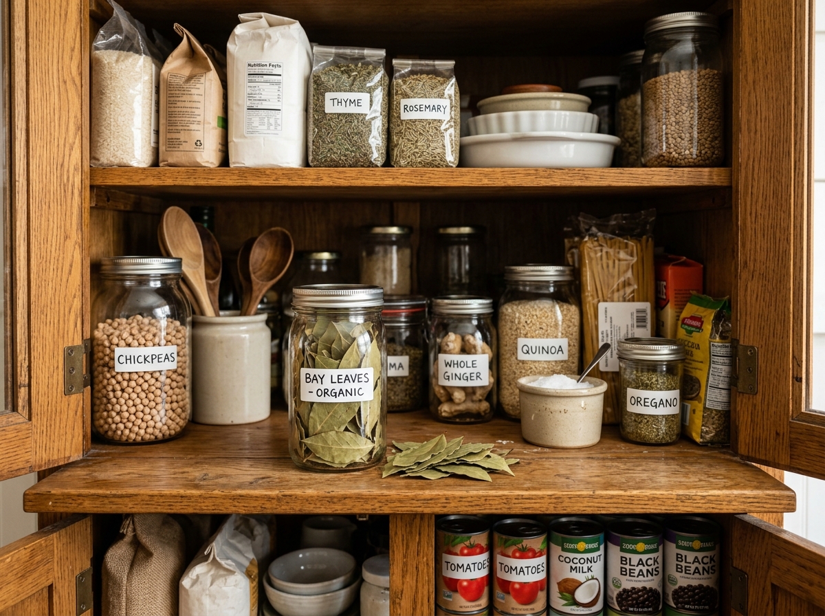dried bay leaves strategically placed inside a kitchen pantry cabinet - bay leaf natural repellent