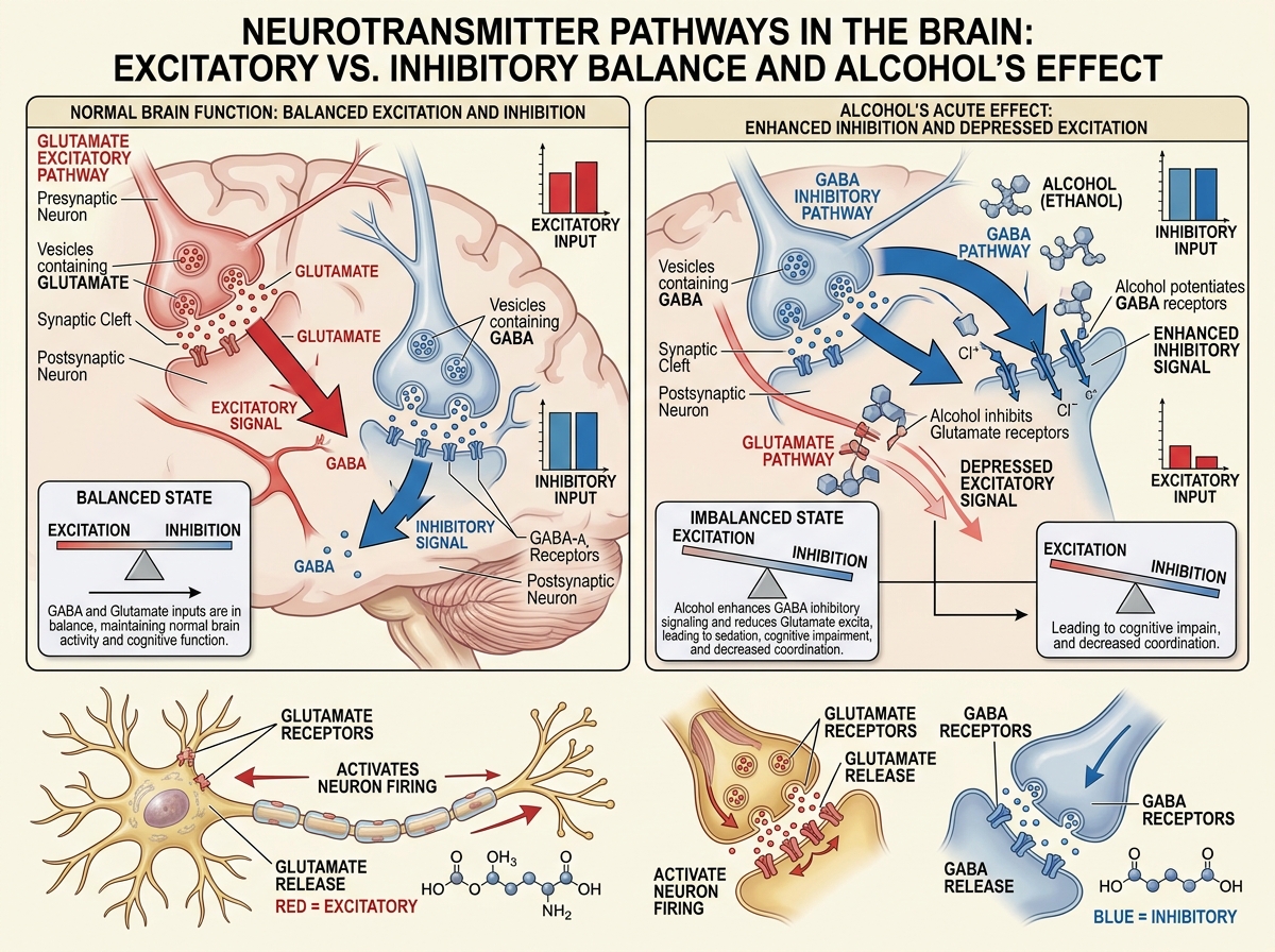 Visual representation of GABA and Glutamate neurotransmitter pathways in the brain - post acute alcohol withdrawal