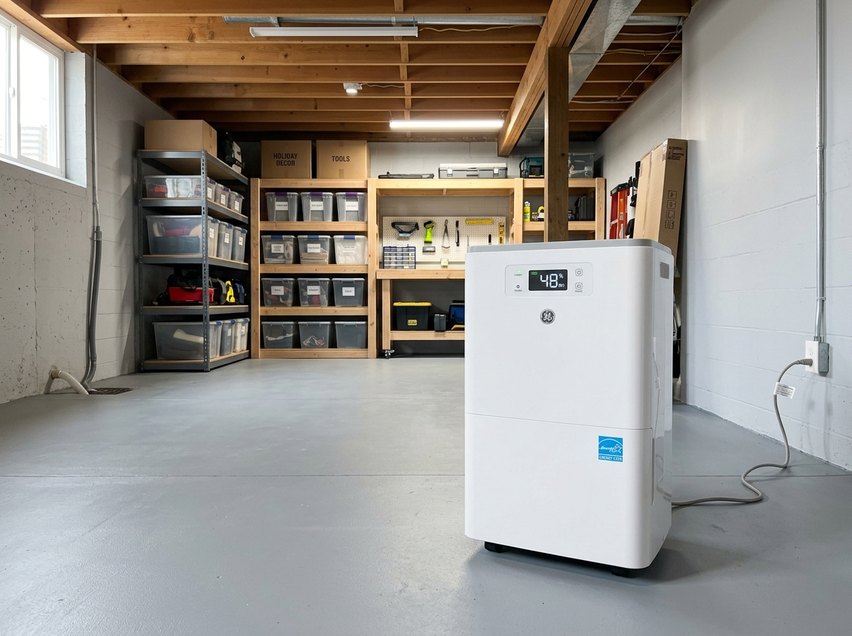 Modern Energy Star dehumidifier in a well-maintained basement - dehumidifier reduce heating costs Modern Energy Star dehumidifier in a well-maintained basement - dehumidifier reduce heating costs