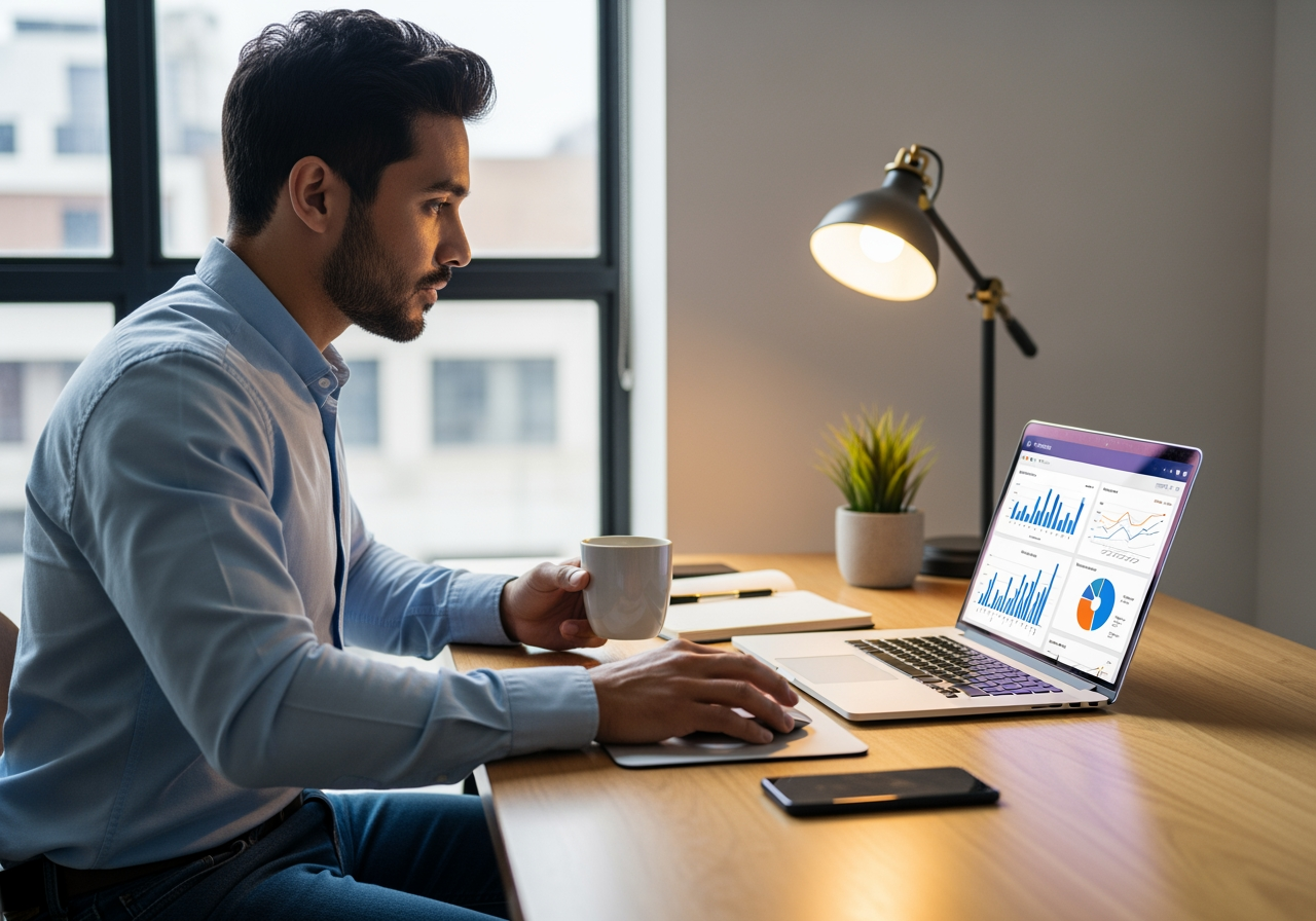 Small business owner analyzing analytics - digital marketing strategy