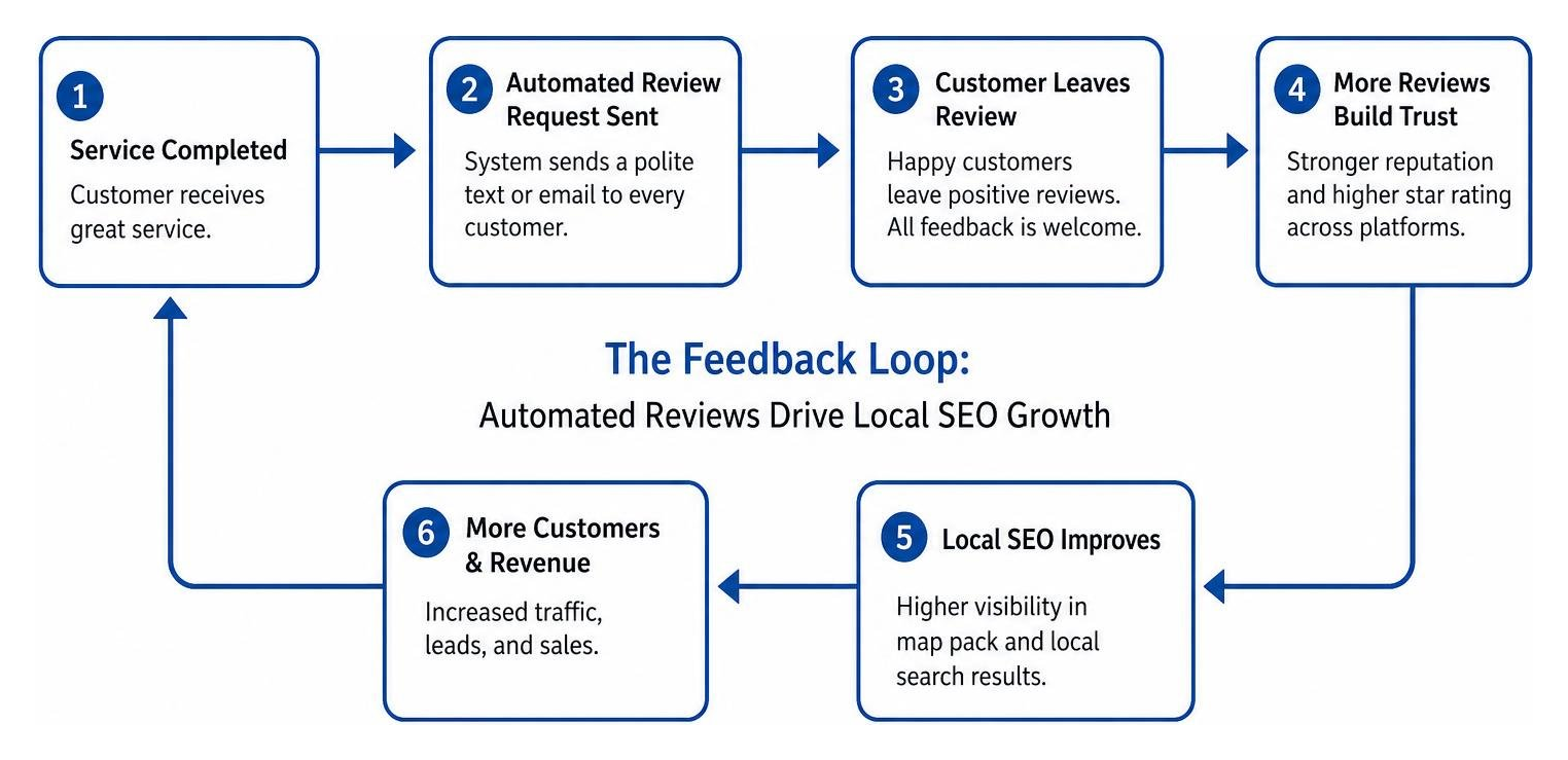 Diagram showing the feedback loop of automated review generation and local SEO growth