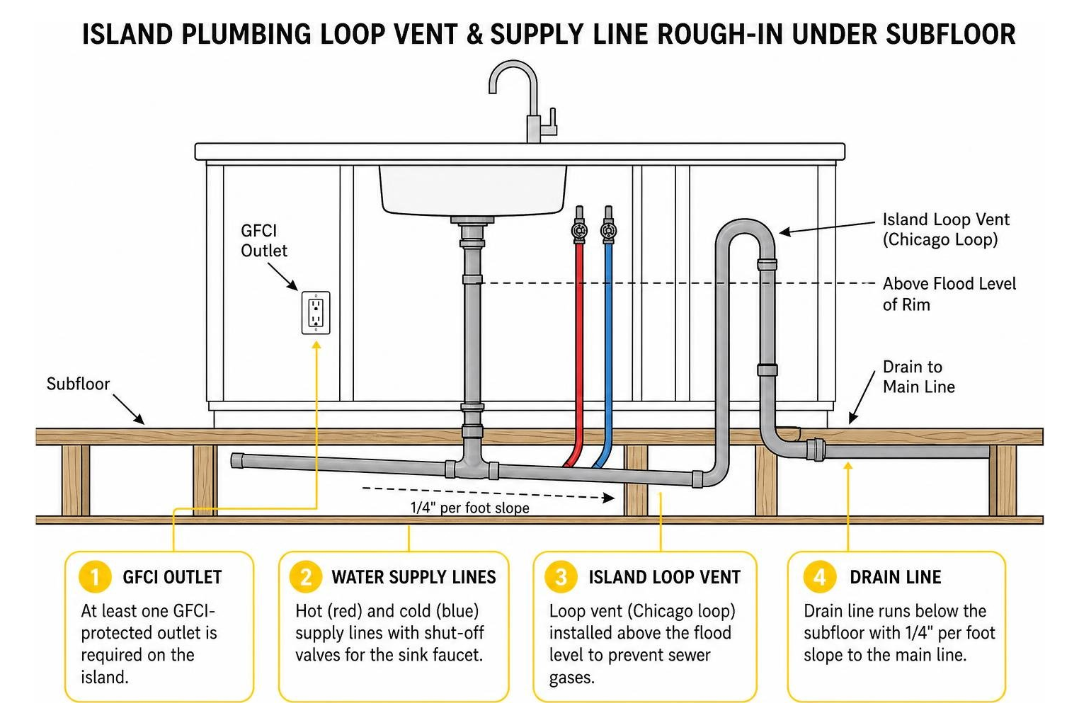 Diagram of island plumbing loop vent and supply line rough-in under subfloor Diagram of island plumbing loop vent and supply line rough-in under subfloor