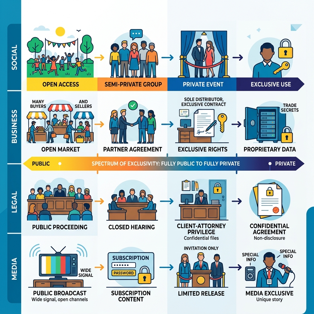Infographic showing the spectrum of exclusivity from fully public to fully private across social, business, legal, and media