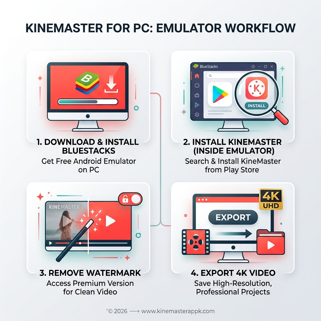 Infographic showing emulator workflow: Download BlueStacks, install KineMaster, remove watermark, export 4K - kinemaster for Infographic showing emulator workflow: Download BlueStacks, install KineMaster, remove watermark, export 4K - kinemaster for