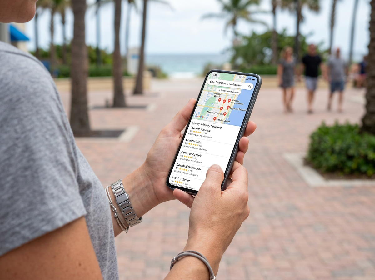 Local map search on a mobile phone displaying Deerfield Beach businesses Person holding smartphone displaying Google Maps search results for Deerfield Beach businesses.