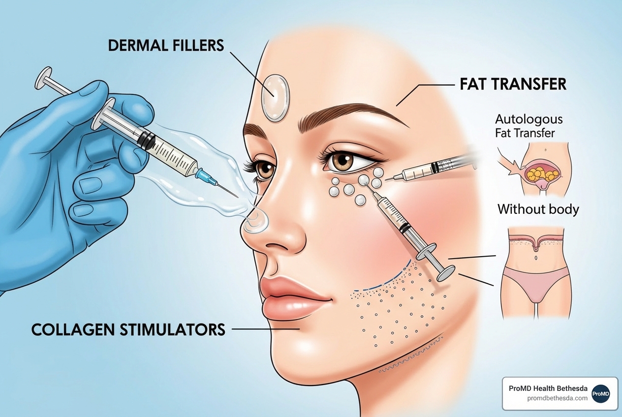 Illustration of different non-surgical facial volume restoration treatments, including dermal fillers, fat transfer, and collagen-stimulating injections - restore facial volume Illustration of different non-surgical facial volume restoration treatments, including dermal fillers, fat transfer, and collagen-stimulating injections - restore facial volume