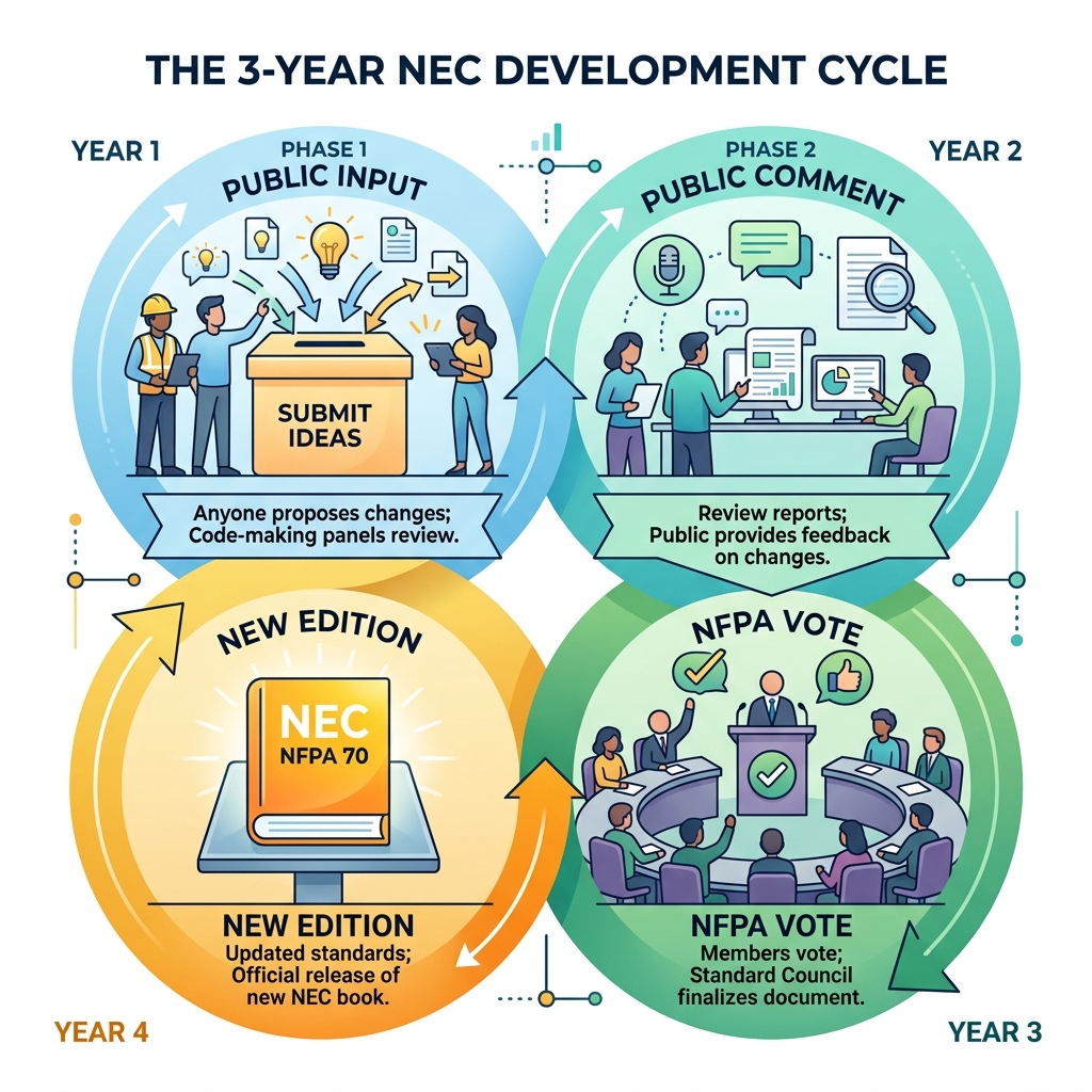 Infographic showing the 3-year NEC development cycle: Public Input, Public Comment, NFPA vote, new edition published - nec