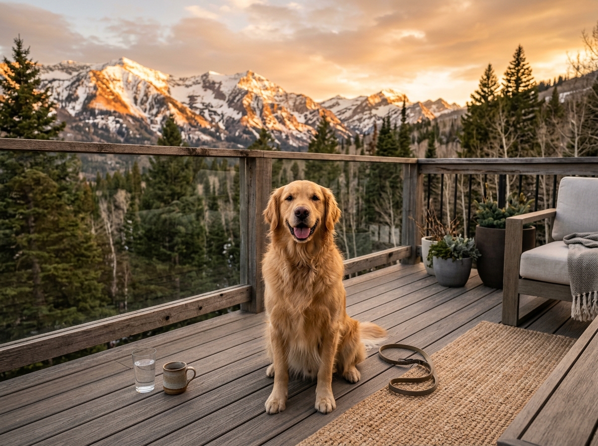 happy dog sitting on a composite deck during a golden hour sunset in northern utah - scratches on composite decking